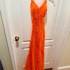 Jovani Vibrant Orange Lace Gown